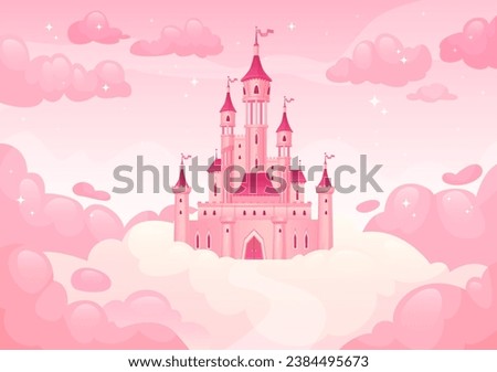 Cartoon castle in clouds. Heavenly castles princesses pink cloud sky, princess home magic kingdom landscape dream house flying heaven, game background ingenious vector illustration of castle on heaven