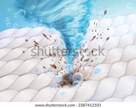 Wash swirl on fabric. Powerful laundry cyclone on macro textile background, detergent water twister for stains removal in dirty fiber clothes, clean ad 3d exact vector illustration of fabric wash