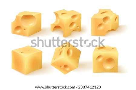 Cheese cubes. Realistic cheeses cube with holes, 3d cheddar parts hard parmesan fat piece cubed gouda, american snack breakfast swiss delicatessen set nowaday vector illustration