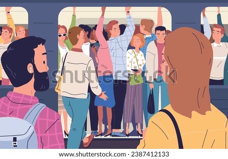 Crowded subway train. Commuters inside busy subway in rush hour, people behind window door overcrowded metro train or railway full tram public transport, classy vector illustration of busy metro