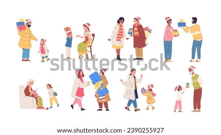 People give christmas presents. Happy family giving gifts, xmas surprise gifting, children person receive gift, couple celebrate winter holiday, classy present vector illustration of female cheerful