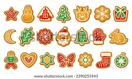 Homemade gingerbread shapes. Gingerbreads cookies, delicious christmas toy biscuits candy for xmas holiday new year food, ginger cookie sweet snowflake vector illustration of gingerbread biscuit