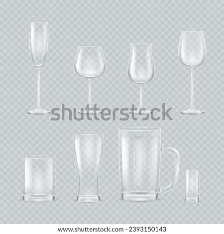 Realistic drink glasses. 3d empty cups, glass mug clear goblet for wine beer martini liquor rum champagne, mockup transparent glassware alcohol cocktail, decent vector illustration of glass drink