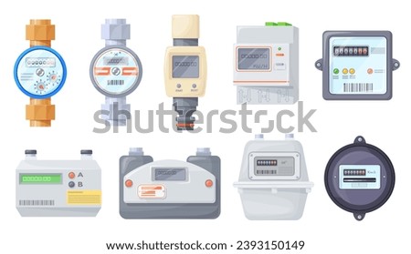 Household meters. Gas water electric counter for smart accounting rate power consumption, industry home measure equipment gauge energy supply control panel neat vector illustration of meter water