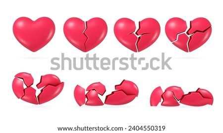 3d cracked hearts. Beautiful whole heart broken on crack pieces, pain love red symbol wedding couple breakup relationship, lonely half heartbreak set nowaday vector illustration of crack shape heart