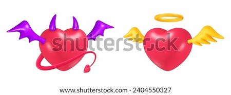 Angel devil hearts. 3d heart with demon or god elements, evil good concept bad love horns tail wings, religion halo romantic pair red symbol, realistic nowaday vector illustration of devil angel heart