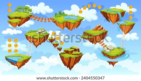 Arcade level map. Rock island platforms for jumping road to goal play 2d video game old computer console floating nature ground gaming world background neoteric vector illustration of game platforms