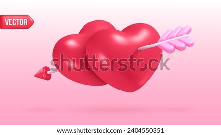 3d hearts arrow. Heart piercing cupid arrows, loving couple relationship concept, romantic love symbol joy marriage valentine day advertising, realistic nowaday vector illustration
