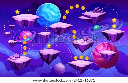 Space level map. 2D arcade game flying platform cartoon galaxy background future astronomy video games levels alien planet asteroid, computer videogame vector illustration of space ui fantasy level