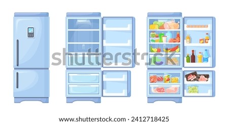 Open and closed refrigerator. Opening fridge door empty or full food inside fridges, open close freezer for supermarket meal shop kitchen interior cartoon vector illustration of refrigerator appliance