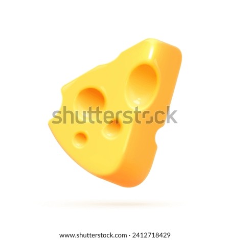 3d cheese piece. Swiss emmental block, realistic render cheeses triangular piece for emoticons culinary restaurant emoji food, cheddar slice with holes vector illustration of food piece cheese,