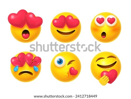 3d love emoji. Realistic emojis mood face with hearts in eyes heart fun emoticon enjoy lovers happy feelings romantic smile expression cartoon emoticons vector illustration of emoji emotion expression