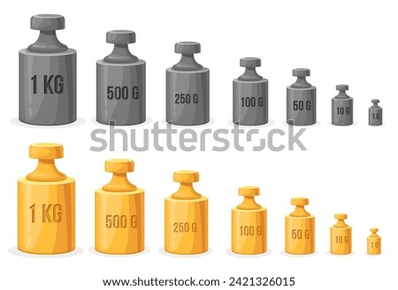 Calibration weights. Steel weight unit measurement equipment for libra scales, metal mass kilogram standard measure for scale accuracy balance, neat vector illustration of weight unit, measure balance