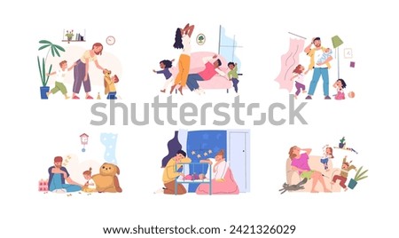 Tired parents. Parental stress, busy sleepy parent and naughty children home parenting routine exhausted dad depressed mother and adhd disobedient kids, classy vector illustration on white