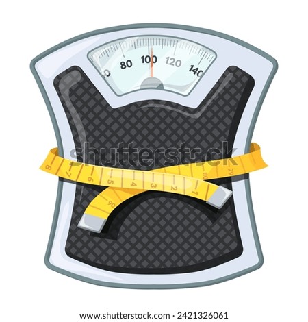 Bathroom scale tape measure. Diet scales concept, mechanical weight measuring centimeter for reduce calories slim waist meter, overweight dieting control vector illustration of diet scale to health