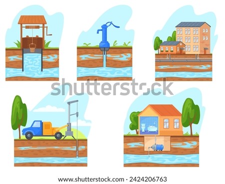 Water supply wells. Aquifer groundwater supply pumps technology schematic diagram, underground pipeline section pump in house geology infographic, neat vector illustration of soil and groundwater