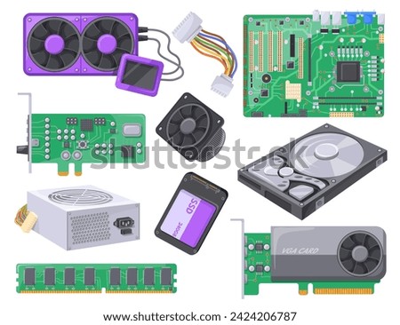 Pc assembly. Computer parts device motherboard component, laptop hardware supply customs build, cooler fan electronic ssd hdd psu adapter ram card, vector illustration of electronic motherboard design