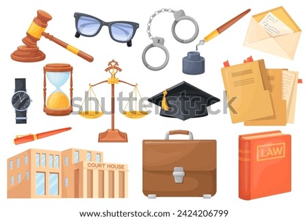 Law practice. Justice legal elements, judge gavel and pen for lawyer prosecutor office paperwork in courthouse, legislation support concept attorney work, neat vector illustration