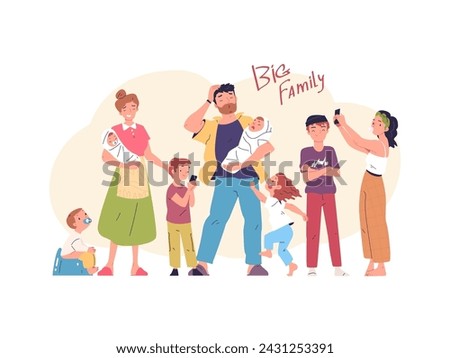 Many children family. Large happy families foster tall cute child, tired stressed parenting newborn babies adult kids, father mom parents daughter son, classy vector illustration of happy large family