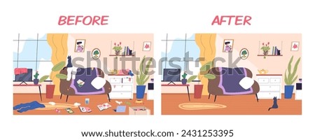 Messy clean room. Dirty living house stains furniture before organizing cleaning home, neat apartment indoor after clutter mess interior garbage on sofa, chores vector illustration of mess room