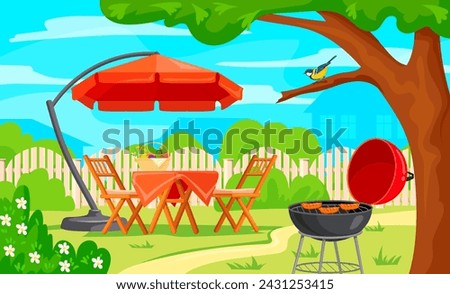 Backyard picnic. Summer patio outside barbeque cartoon background, garden bbq party outdoor house yard, cozy chair and table on green lawn spring courtyard neat vector illustration