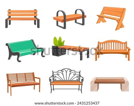 Cartoon wooden benches. Wood bench set, street relaxation place garden couch modern seats city outside park urban outdoor furniture public seat, isolated neat vector illustration