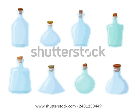 Cartoon empty glass bottles. Game vial for magic potion, wine water spirit drink or chemical liquid, ancient clear bottle with wooden cork for wizard vector illustration of vial alchemy bottle