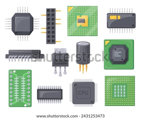 Cartoon semiconductor chips. Gpu or cpu processor microchip for motherboard and electronic circuit board, computer smartphone chip mobile phone, neat vector illustration of chip and semiconductor