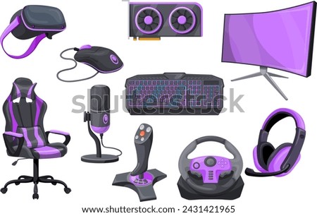 Gamer accessories. Professional gaming equipment game streaming set, videogame isolated tools headset keyboard mouse display mic chair pc hardware device neat vector illustration of equipment gamer