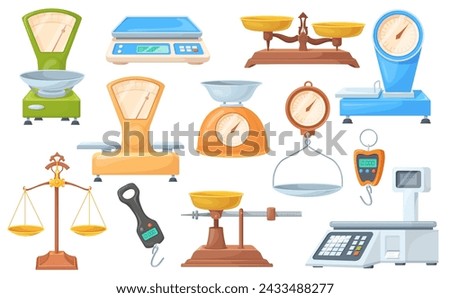 Retail scales. Digital scale and mechanical weighed, seesaw balance food weighing laboratory store mechanism vintage libra precision instrument cartoon neat vector illustration of scale measurement