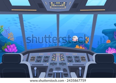 Submarine cockpit. Underwater marine cabin inside cartoon interior, ship boat control dashboard with radar technology, ocean sea water background in window vector illustration of submarine cartoon