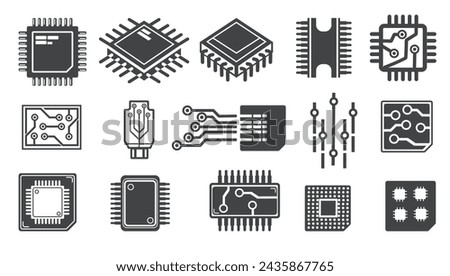 Cpu chips cartoon icons. Micro processor electronic microchip logo, cpu gpu quantum chip for circuit network motherboards, pcb microprocessor abstract icon neat vector illustration of microchip icon