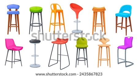 Bar stools. Tall stool, standing high seat for bar club or office store, modern vintage wooden chairs restaurant bistro kitchen studio furniture, cartoon vector illustration of chair high interior