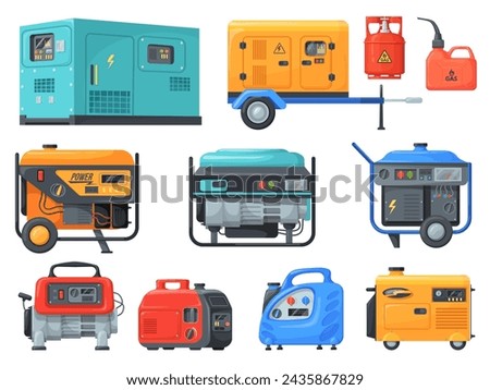 Generators machines. Electric power generator diesel gas engine for generating electrical energy, emergency equipment maintenance service alternator, vector illustration of power generator equipment