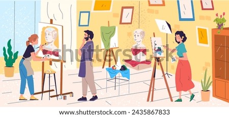 Painter workshop. Artists painting sculpture picture, art working mastering lessons in studio room, professional painters create drawing at easel, classy artist vector illustration of workshop painter