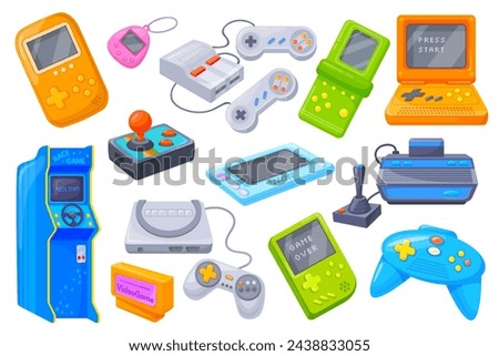 Retro videogame devices. Vintage game gadgets nintendo consoles, gamer controllers y2k gaming electronics technology 80s, hipster joystick remote control, neat vector illustration of console game