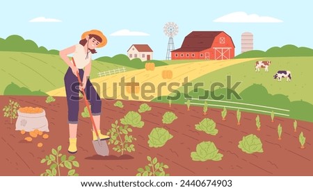 Happy woman harvest vegetables. Rural farm scene. Vector illustration