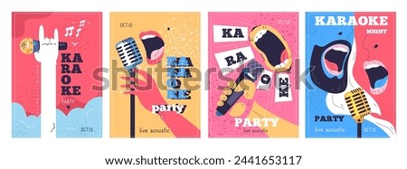 Karaoke microphone posters. Open mic festival, singer party singing event poster abstract design art, night music sound concert or comedy club flyer set, classy vector illustration