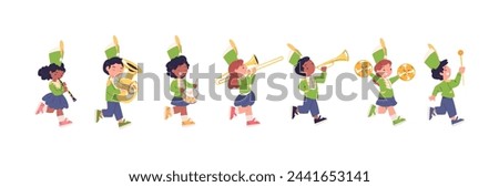 Kid band parade. Children musicians marching with trombone trumpet loud horn or drum, young military march cute cartoon child player music entertainment, vector illustration of kids competition march