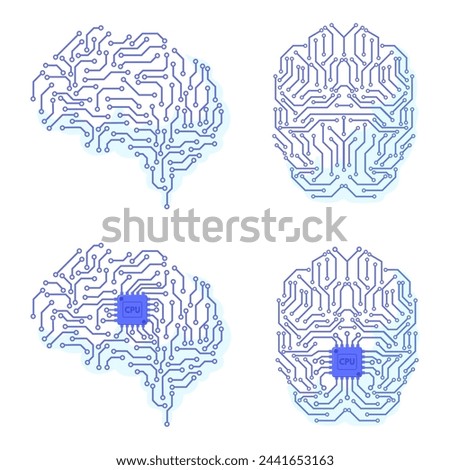 Electric circuit brain. Brains synapses electrons microchip circuit pathway line, electricity digital communication artificial intelligence complex concept neat vector illustration of brain circuit