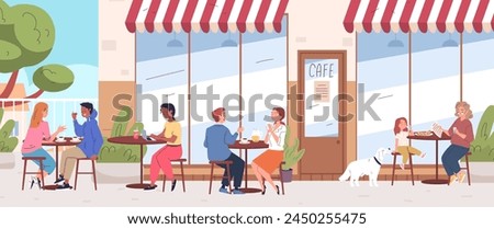 People restaurant patio. Couple eat restaurant food outdoor cafe backyard outside coffee shop, breakfast on summer terrace city cafeteria or street bar classy vector illustration of restaurant cafe