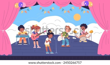 Kid band on stage. Talented children music group singing in microphone, play musical instruments performing concert school theatre, child talent festival classy vector illustration of musician stage