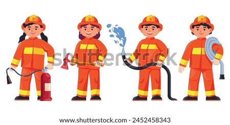 Kids firefighters. Children firemen cartoon cute characters, child brave fireman in hat with hose rescue equipment funny firefighter boy girl kid brigade vector illustration of child firefighter