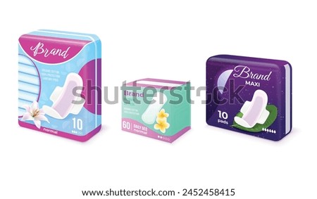 Feminine pads pack. Realistic sanitary pads packaging box advertising mockup, woman pad with wings clean cotton napkin women hygiene product female brand, exact vector illustration of pack hygiene