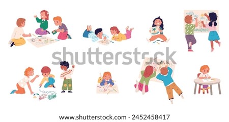 Kids painting hobby. Child art workshop, happy children creating paintings together, preschool kid friends study draw with color pencil creative classy vector illustration of art hobby workshop