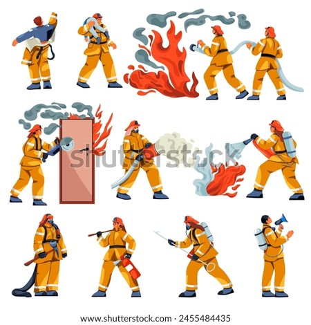 Cartoon fireman characters. Firefighters in uniform working rescue equipment extinguisher, emergency safety professional firefighter firemen