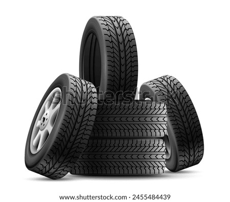 Tyres stack. Realistic tires pile for quality tyre shop storage garage, stacked car wheels isolated automobile new tire winter or summer road, auto 3d nowaday vector illustration of wheel tire