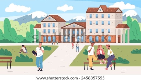 Campus park. American students outside university establishment, college knowledge education student talk school library house modern building exterior, vector illustration of education park campus