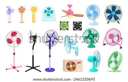 Cartoon electric fans. Electrical fan office industry or appliance, cool air hot wind blower ventilator table rotating propeller control, ingenious vector illustration of air electric fan propeller