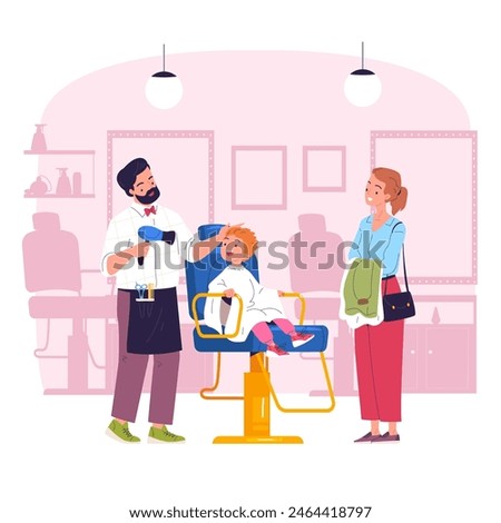 Kid hairdresser. Child barber cut hair boy stylish haircut in kids barbershop salon, cartoon little children hairdressing profession vector illustration of baby haircut, hairstyle salon illustration